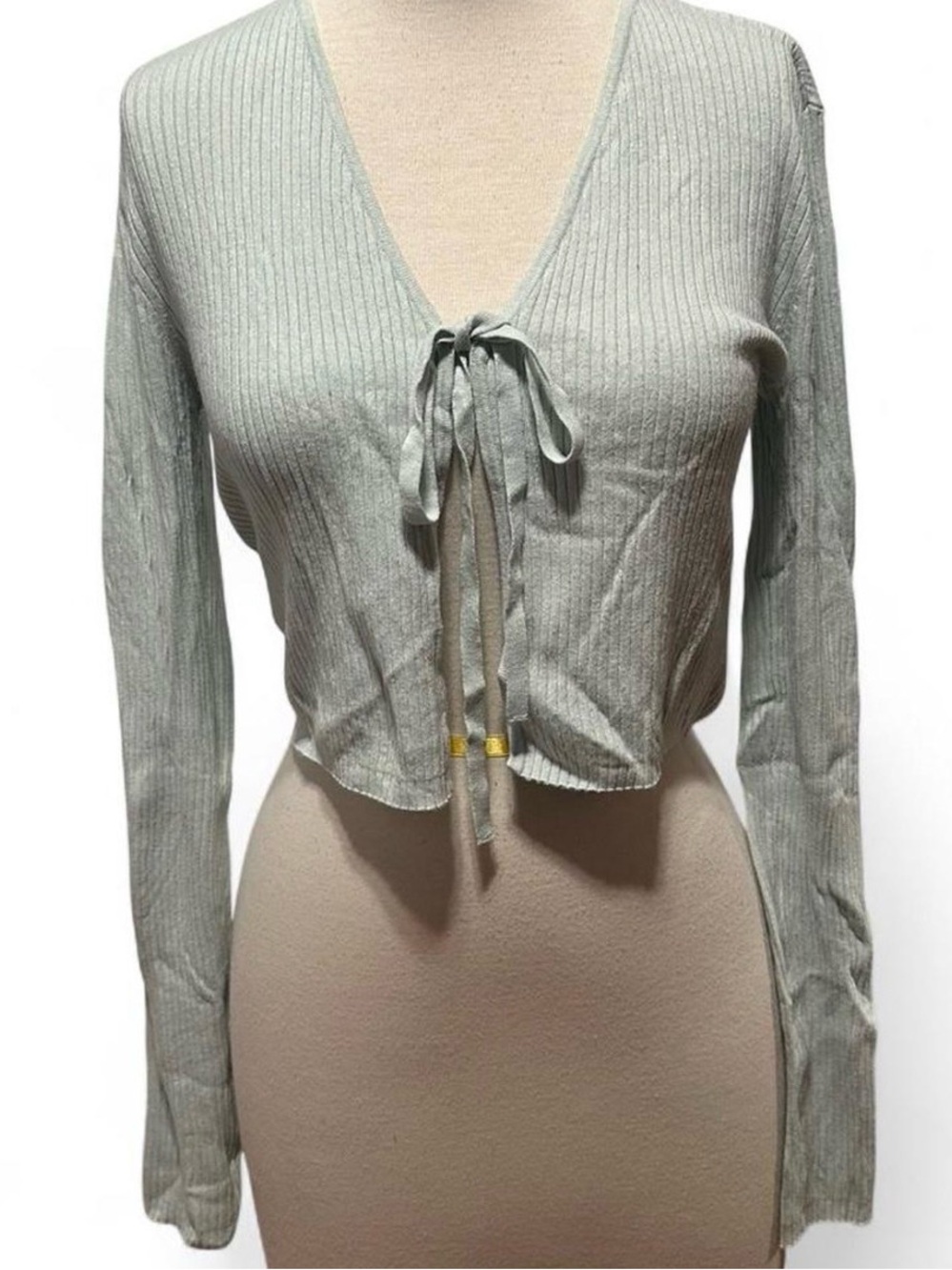 Garage Sage Green Ribbed Tie-Front Long Sleeve Crop Top